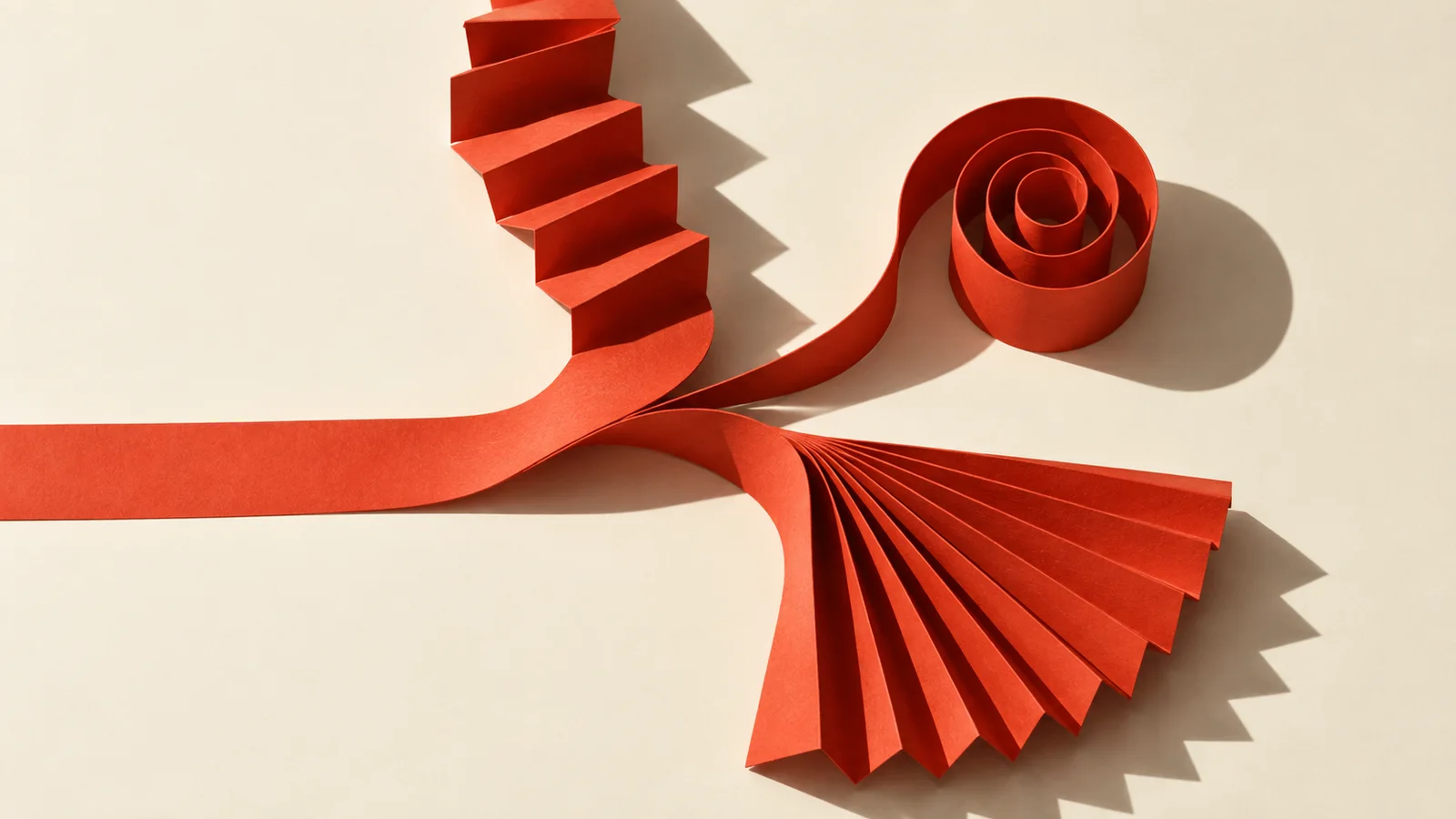 Generated editorial illustration: One red paper ribbon folded into three different forms.